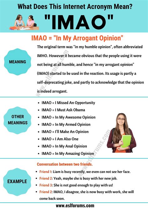 1 meaning of IMAO abbreviation related to Texting: 12. IMAO. In My Arrogant Opinion. Chat, Internet, Internet Slang.